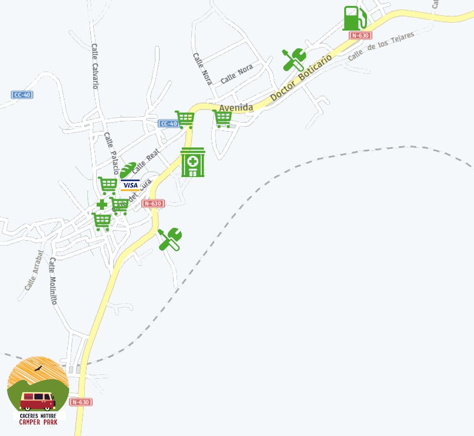Plano de Cañaveral con comercios, farmacia, gasolinera, restaurantes, talleres y otros servicios cercanos al área